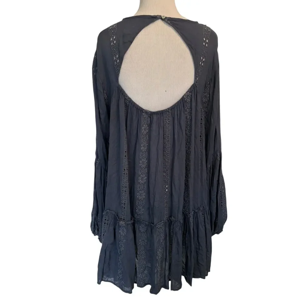 Free People Kiss Kiss Tunic Dress Womens XS Blue Tiered Swing Cut Out Oversized